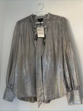 Bardot Metallic Silver Tie-Neck Button Down Blouse